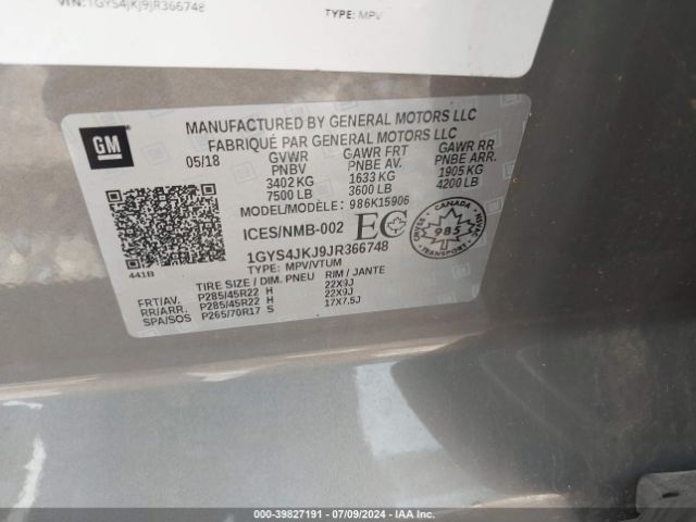 1GYS4JKJ9JR366748 Cadillac Escalade Esv Premium Luxury