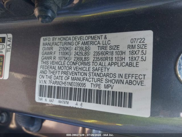 7FARW2H51NE039095 Honda Cr-v Awd Ex