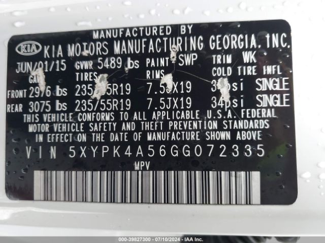 5XYPK4A56GG072335 KIA Sorento 3.3l Sxl