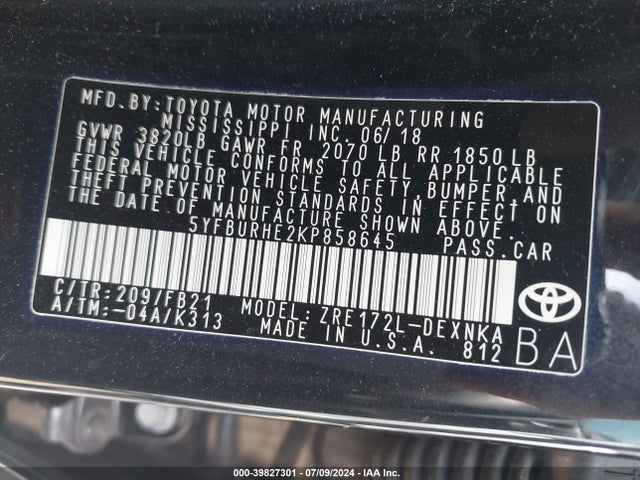 Toyota COROLLA LE 2019 5YFBURHE2KP858645 Image 9