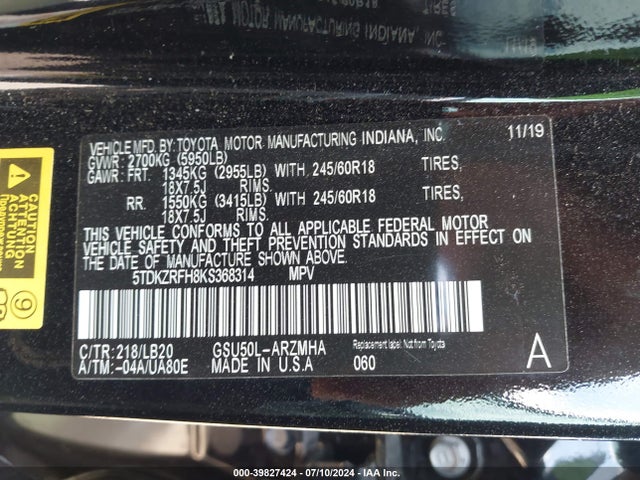 Toyota Highlander Xle 2019 5TDKZRFH8KS368314 Image 9