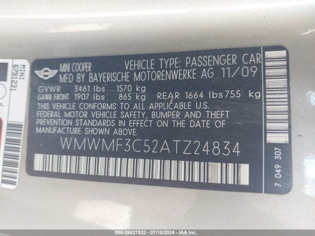 2010 MINI COOPER WMWMF3C52ATZ24834 Photo 8