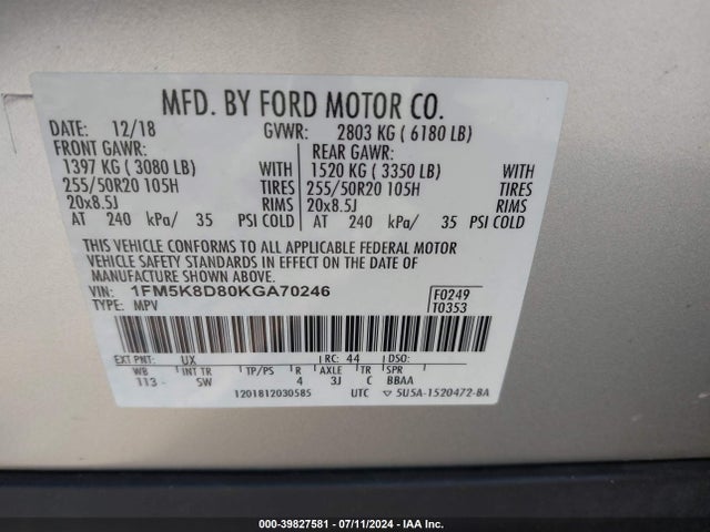 Ford EXPLORER XLT 2019 1FM5K8D80KGA70246 Image 9