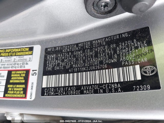 Toyota CAMRY LE 2018 4T1B11HK2JU626706 Image 9