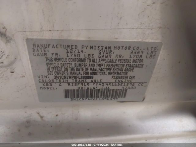 3N1CN7AP8FL890099 Nissan Versa 1.6 S