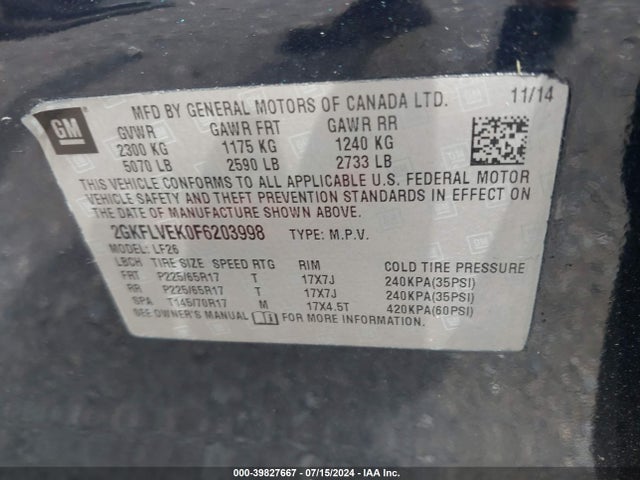 GMC Terrain Sle-1 2015 2GKFLVEK0F6203998 Image 9
