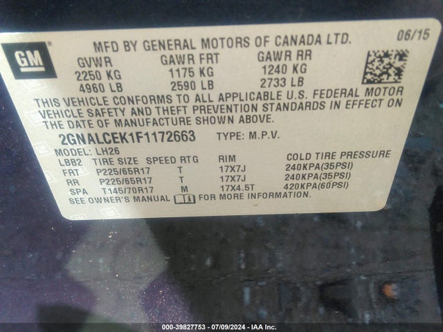 Chevrolet Equinox 2lt 2015 2GNALCEK1F1172663 Image 9