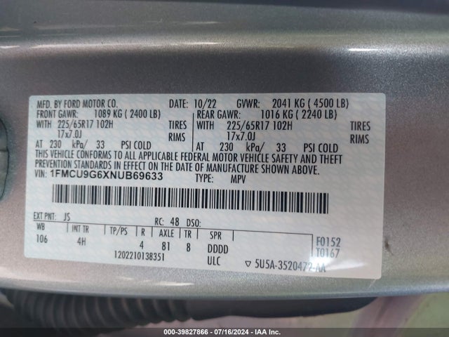 Ford ESCAPE SE 2022 1FMCU9G6XNUB69633 Image 9
