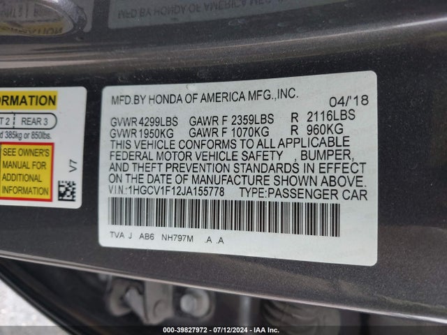 Honda ACCORD LX 2018 1HGCV1F12JA155778 Image 9