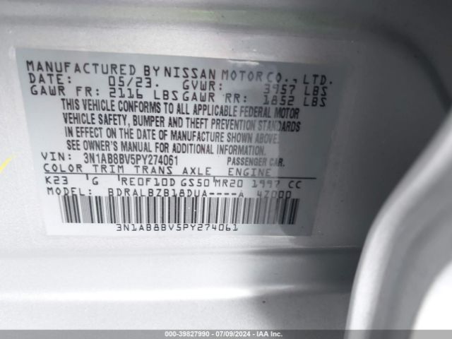 3N1AB8BV5PY274061 Nissan Sentra S Xtronic Cvt