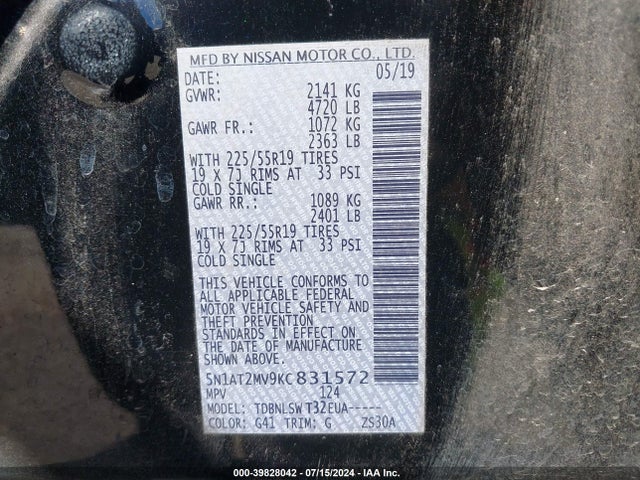 Nissan Rogue Sl 2019 5N1AT2MV9KC831572 Image 9