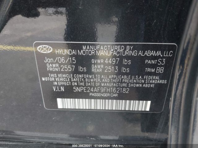 5NPE24AF9FH162182 Hyundai SONATA SE