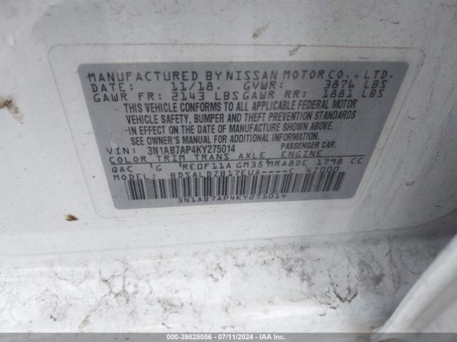 3N1AB7AP4KY275014 Nissan SENTRA SV