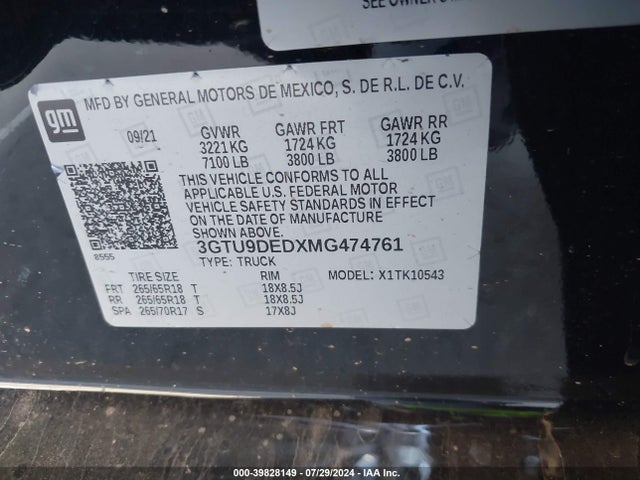 3GTU9DEDXMG474761 GMC Sierra 1500 4wd  Short Box Slt
