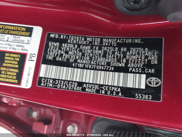 Toyota CAMRY XSE 2015 4T1BF1FK7FU947734 Image 9