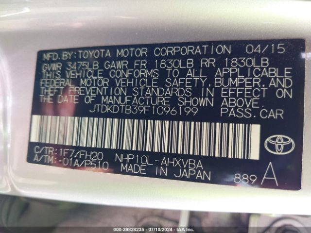 JTDKDTB39F1096199 Toyota Prius C One