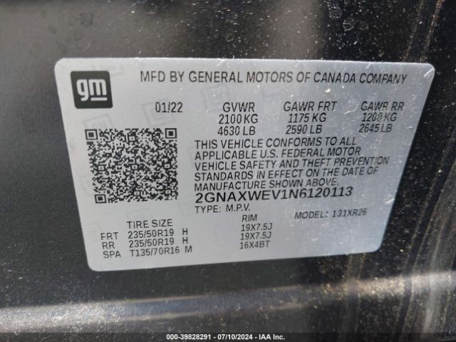 2GNAXWEV1N6120113 Chevrolet Equinox Awd Rs