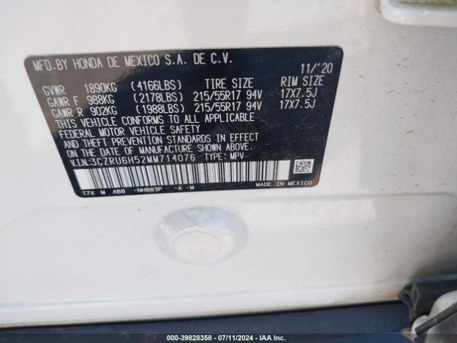 3CZRU6H52MM714076 Honda Hr-v Awd Ex