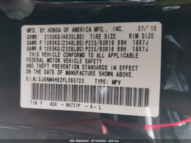 5J6RM4H92FL095720 Honda Cr-v Touring