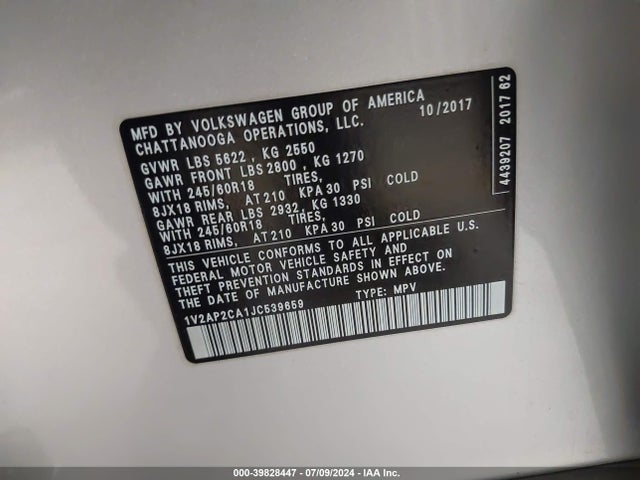1V2AP2CA1JC539659 Volkswagen Atlas 2.0t S