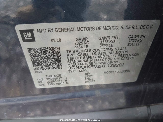 Chevrolet EQUINOX LT 2019 3GNAXKEV2KL138281 Image 9