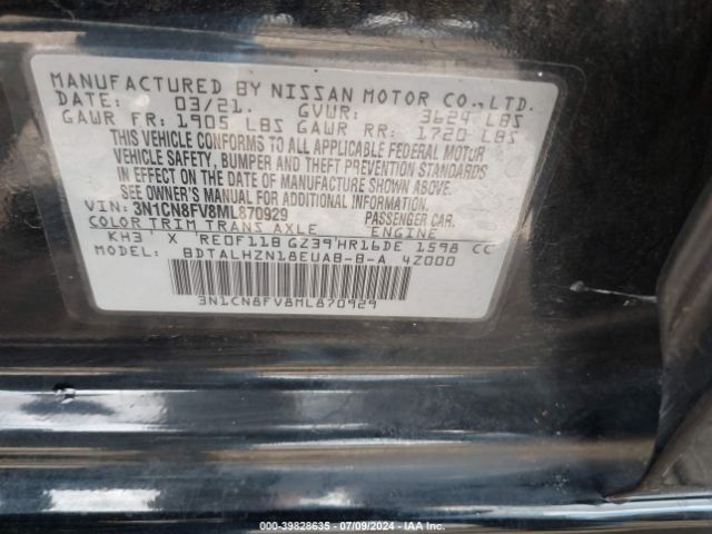 3N1CN8FV8ML870929 Nissan Versa Sr Xtronic Cvt