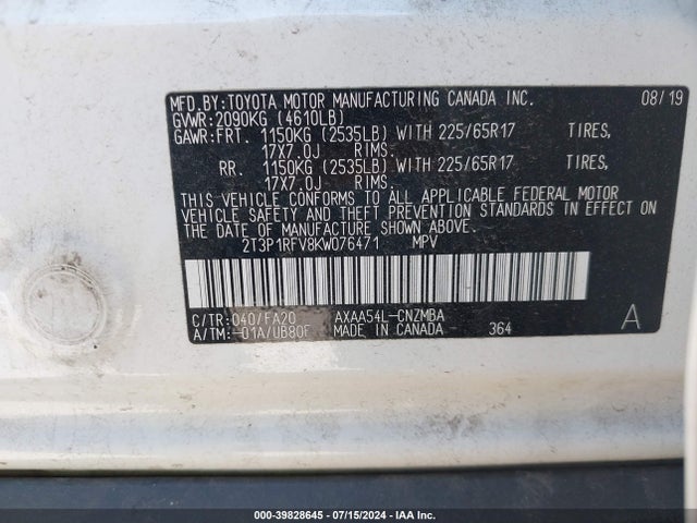 Toyota Rav4 Xle 2019 2T3P1RFV8KW076471 Image 9