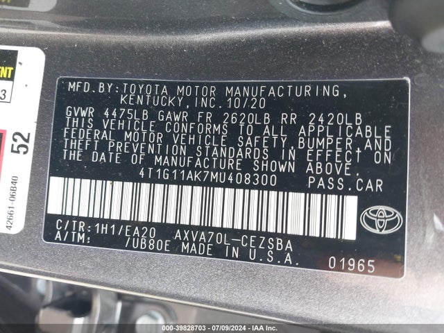 Toyota CAMRY SE 2021 4T1G11AK7MU408300 Image 9