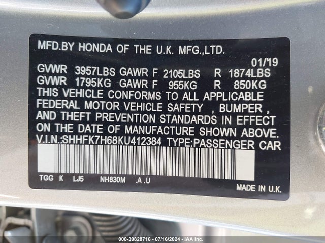 Honda CIVIC EX 2019 SHHFK7H68KU412384 Image 9