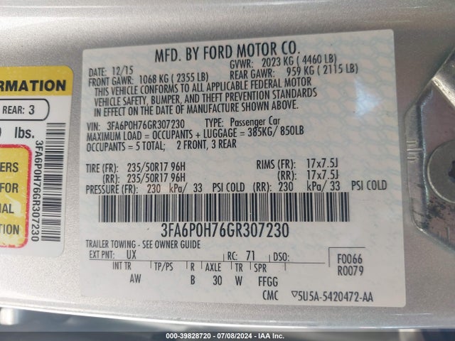 Ford FUSION SE 2016 3FA6P0H76GR307230 Image 9