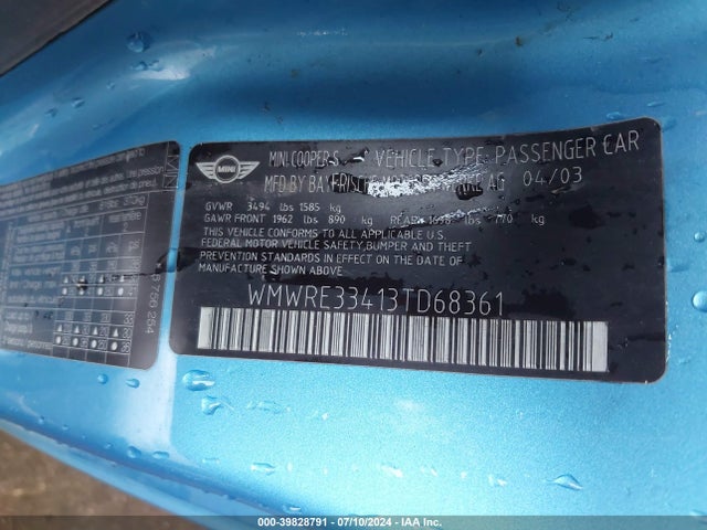 2003 MINI COOPER S WMWRE33413TD68361 Photo 8