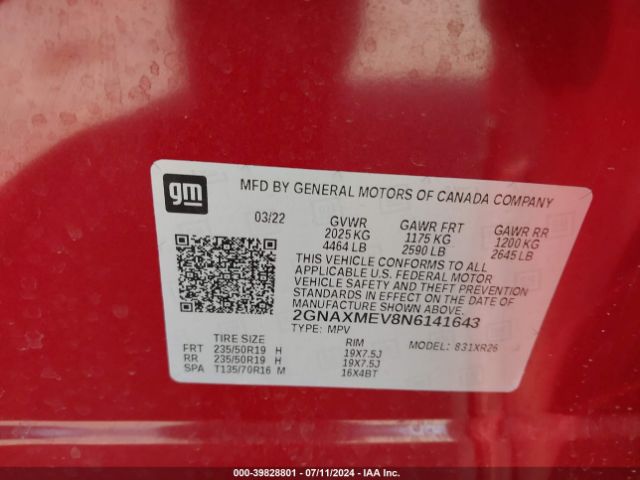 2GNAXMEV8N6141643 Chevrolet Equinox Fwd Rs