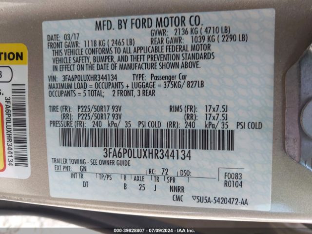 3FA6P0LUXHR344134 Ford Fusion Hybrid Se