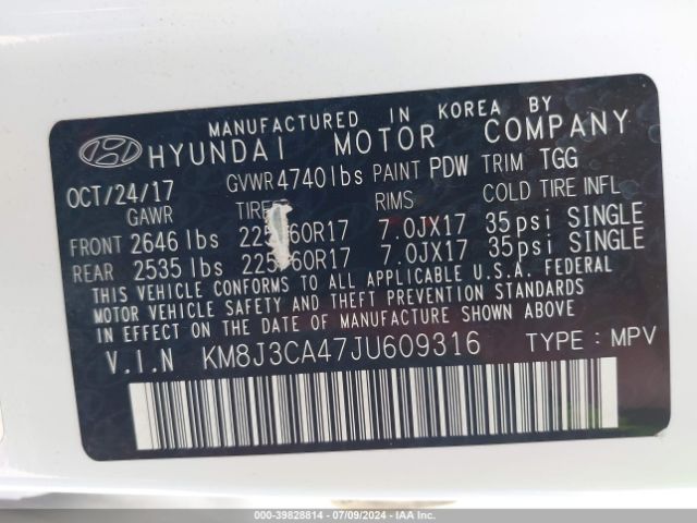 KM8J3CA47JU609316 Hyundai TUCSON SEL