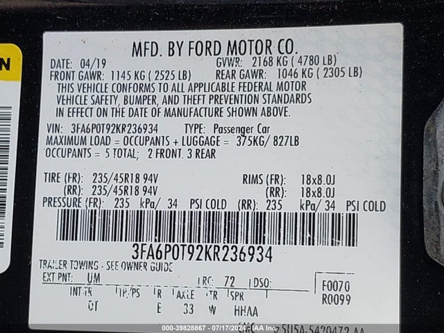 Ford FUSION SE 2019 3FA6P0T92KR236934 Image 9