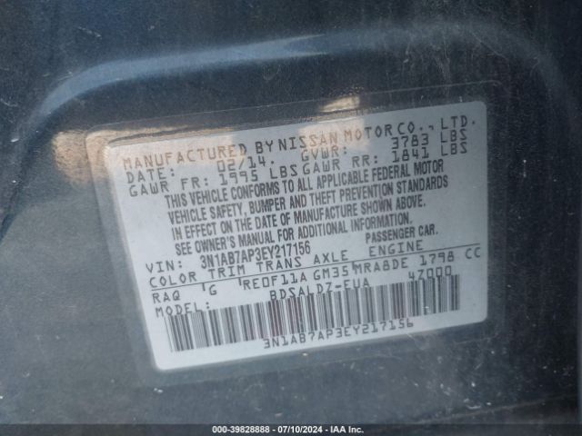 3N1AB7AP3EY217156 Nissan Sentra Fe+ S/fe+ Sv/s/sl/sr/sv