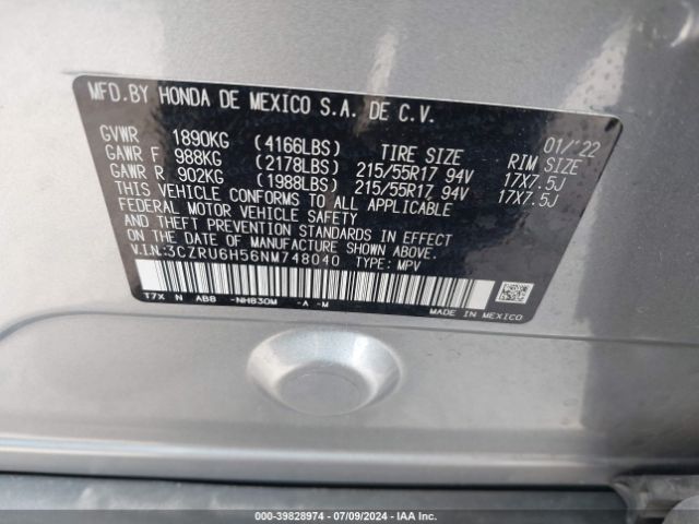 3CZRU6H56NM748040 Honda Hr-v Awd Ex