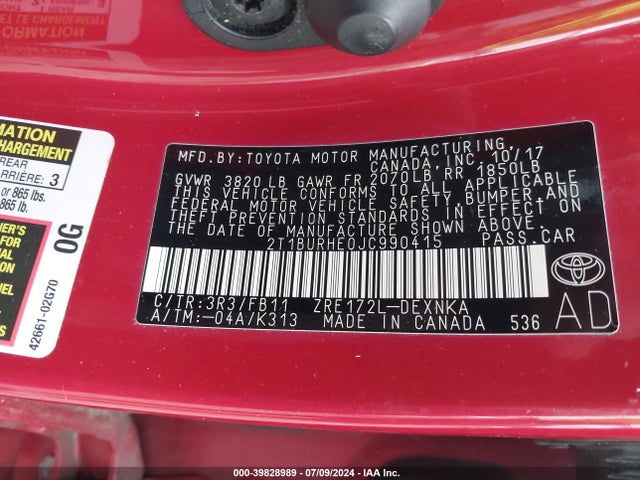 Toyota COROLLA LE 2018 2T1BURHE0JC990415 Image 9