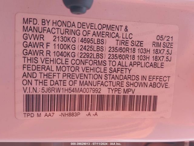 5J6RW1H54MA007992 Honda Cr-v 2wd Ex