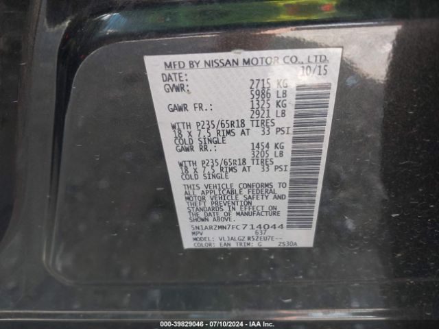 5N1AR2MN7FC714044 Nissan Pathfinder Platinum/s/sl/sv