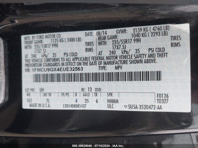 Ford ESCAPE SE 2014 1FMCU9GX4EUE32563 Image 9