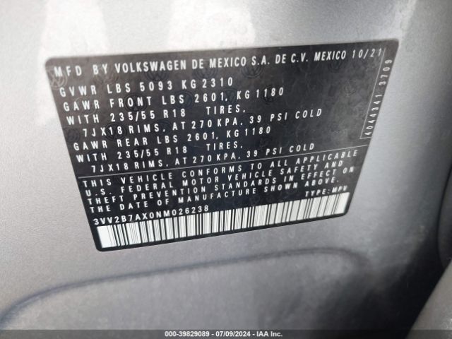 3VV2B7AX0NM026238 Volkswagen Tiguan 2.0t Se