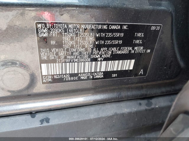 Toyota Rav4 Limited 2021 2T3Y1RFV1MC086008 Image 9
