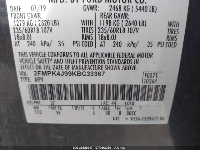 Ford EDGE SEL 2019 2FMPK4J99KBC33367 Image 9