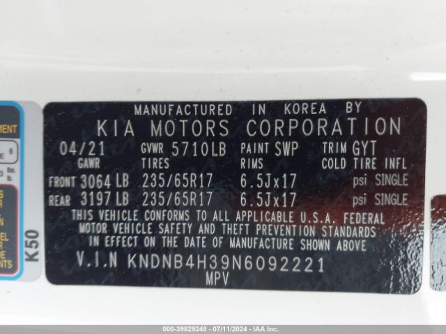 KNDNB4H39N6092221 KIA Carnival Mpv Lx Seat Package