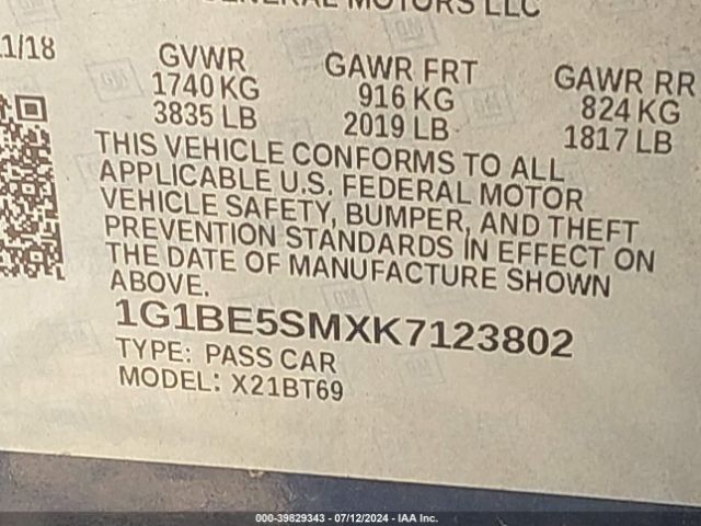 1G1BE5SMXK7123802 Chevrolet CRUZE LT