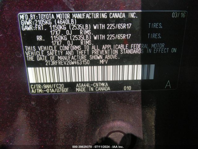 2T3RFREV2GW463150 Toyota Rav4 Xle