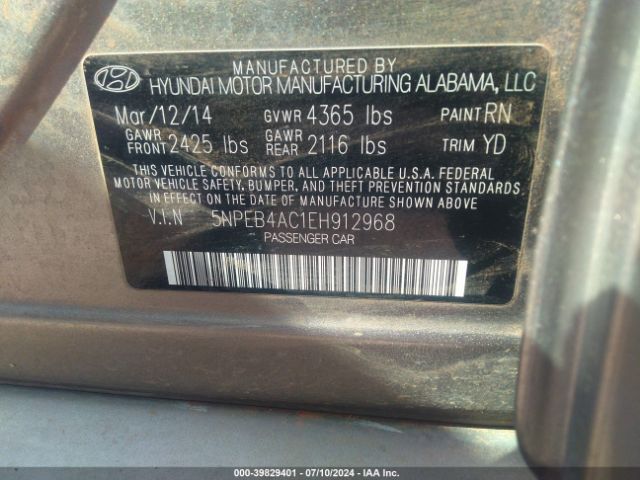 5NPEB4AC1EH912968 Hyundai SONATA GLS