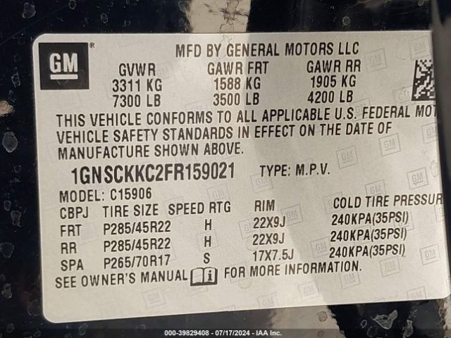 1GNSCKKC2FR159021 Chevrolet Suburban 1500 Ltz