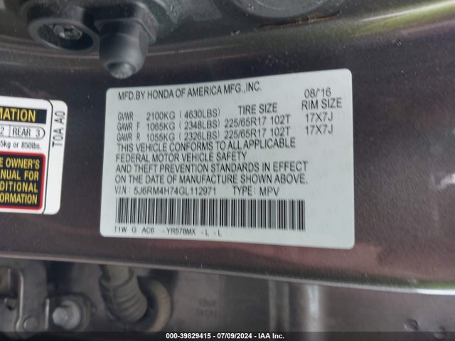 Honda Cr-v Ex-l 2016 5J6RM4H74GL112971 Image 9